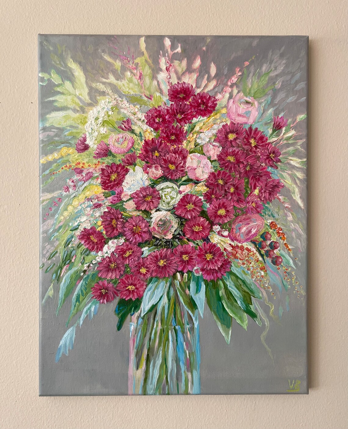 Magenta Chrysanthemum Bouquet In Glass Vase On Gray Floral Art Poster