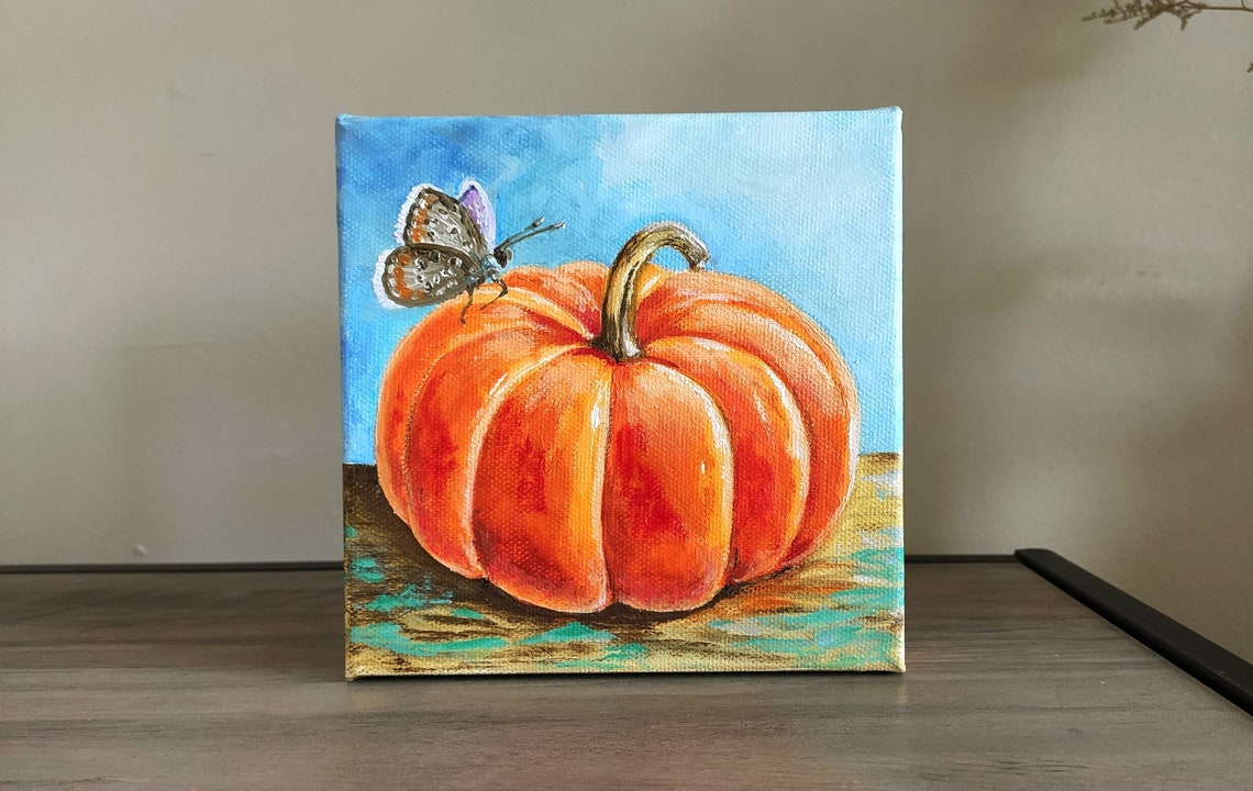 Orange Pumpkin Butterfly Fall Harvest Still Life Oil Painting Wall Art - Image 3