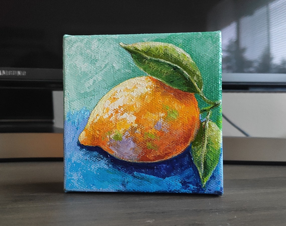 Fresh Lemon Blue Background Citrus Kitchen Oil Painting Mini Art - Image 4