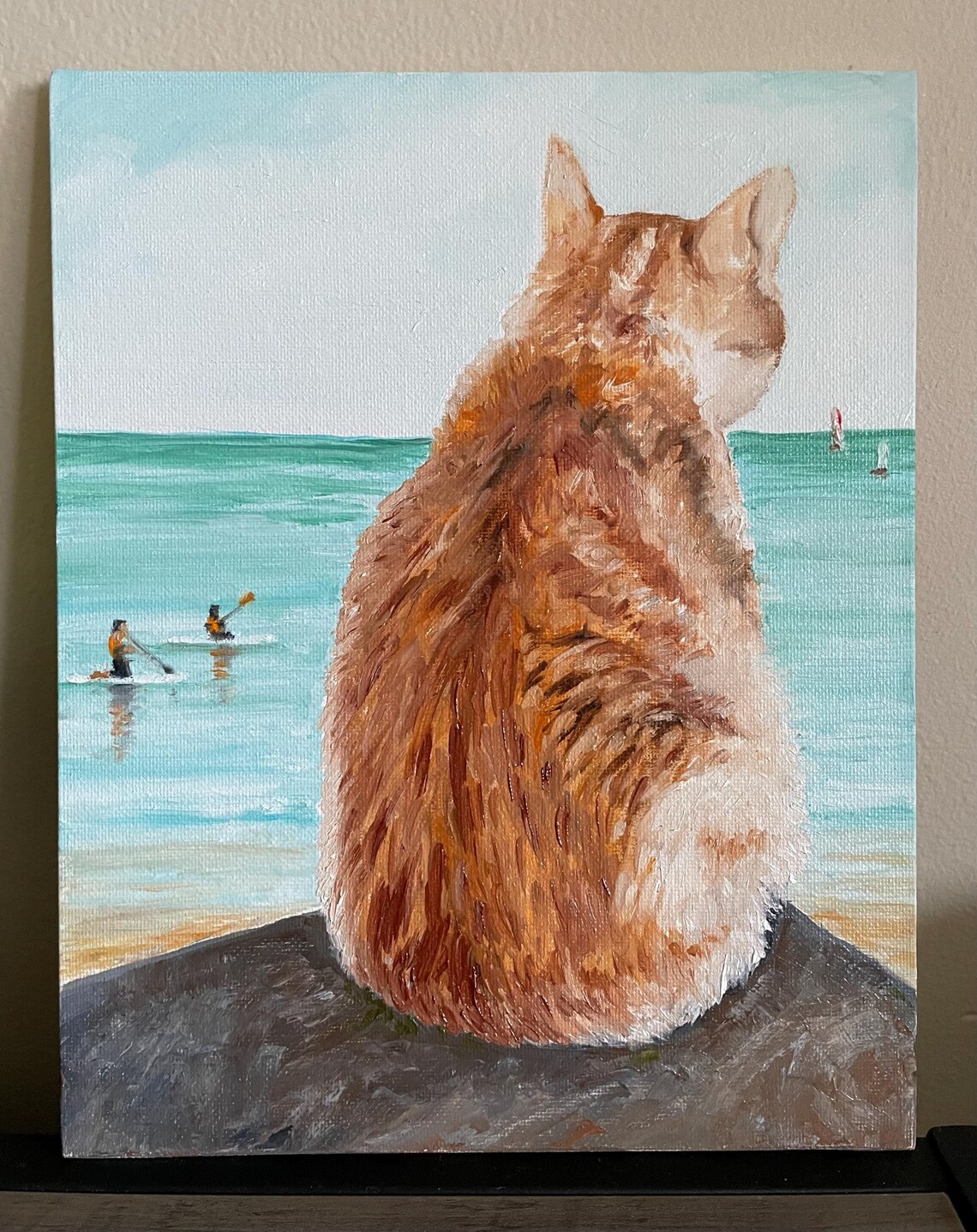 Orange Cat Watching Ocean Sailboats Seaside Oil Painting Animal Art - Image 3