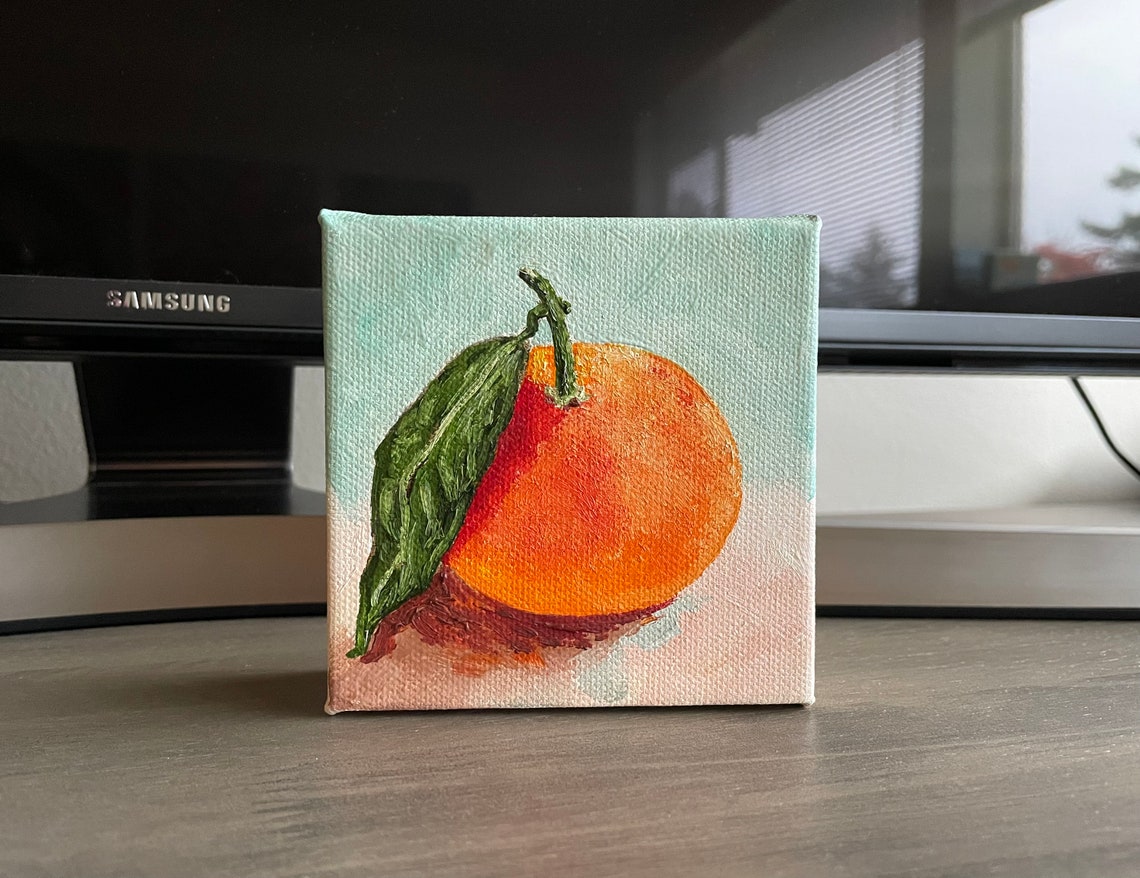 Ripe Tangerine With Green Leaf Mint Background Fruit Painting Poster