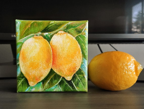 Lemon Original Handmade Oil Painting On 4x4 Kitchen Fruit Painting Small Food Kitchen Art Gift One Of A Kind