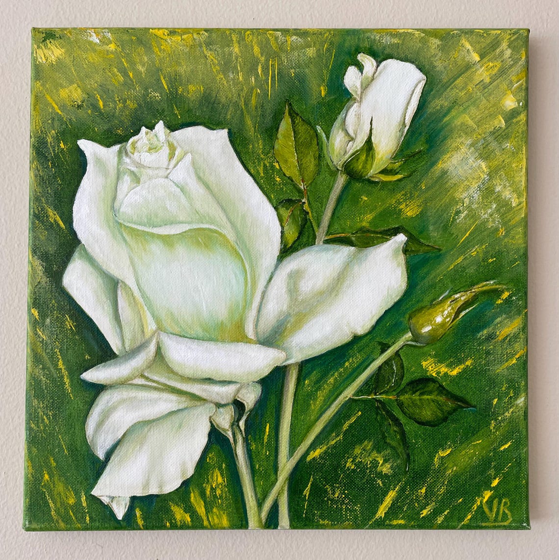 White Roses Buds Deep Green Original Oil Painting Floral Wall Art