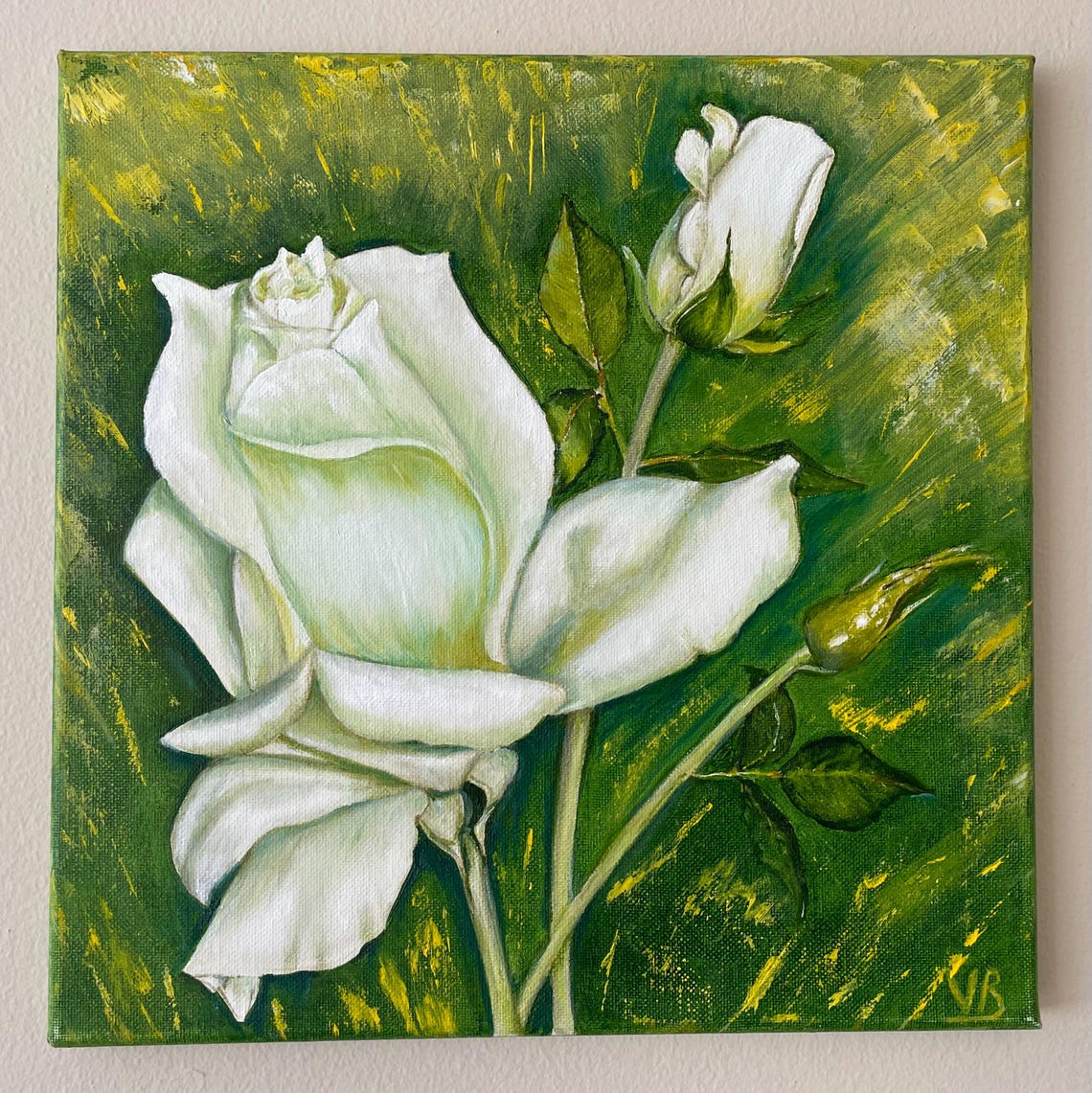White Roses Buds Deep Green Original Oil Painting Floral Wall Art - Image 2