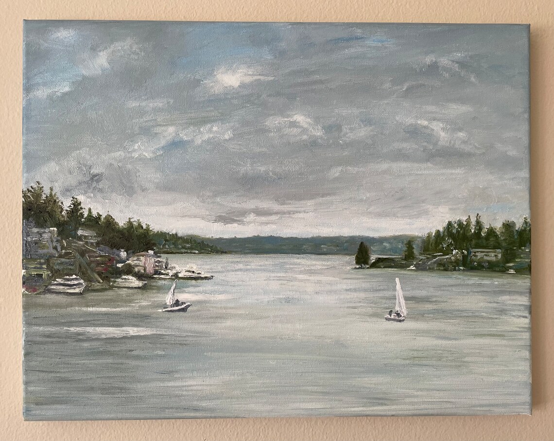 Misty Lake Sailboats Gray Day Pacific Northwest Water Oil Painting Art