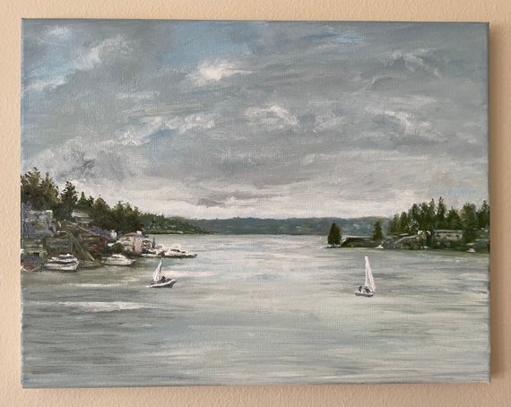 Lake Washington From Meydenbauer Bay Park Bellevue Handmade Original Oil Painting On Seattle Across Lake Washington Gloomy Day Gift
