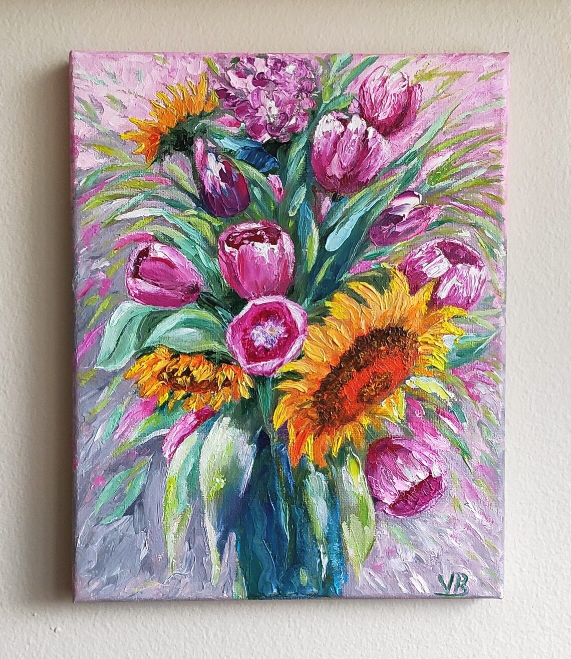 Magenta Tulips Sunflowers Bouquet Impasto Floral Oil Painting Wall Art - Image 3