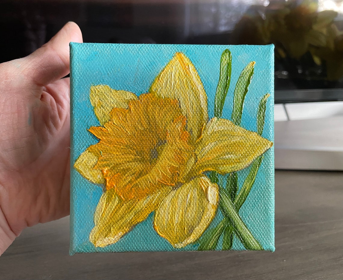 Yellow Daffodil Turquoise Mini Canvas Spring Floral Painting Poster - Image 4
