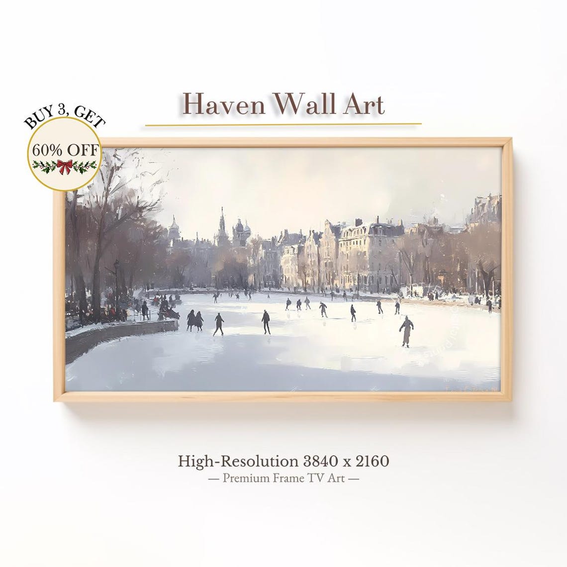 Winter Ice Skating on Frozen Pond European Cityscape Vintage Wall Art