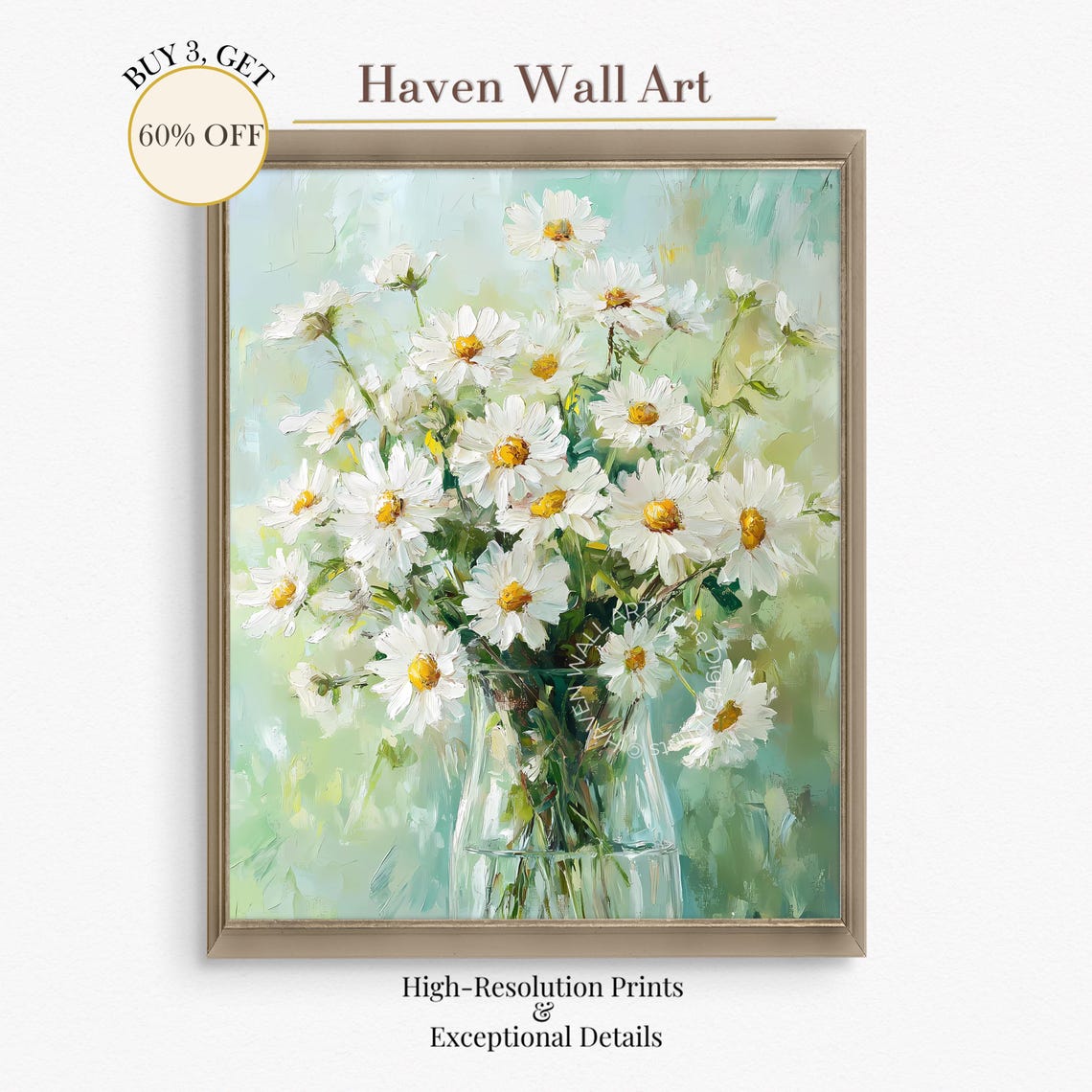 White Daisies in Glass Vase Cheerful Floral Oil Painting Poster