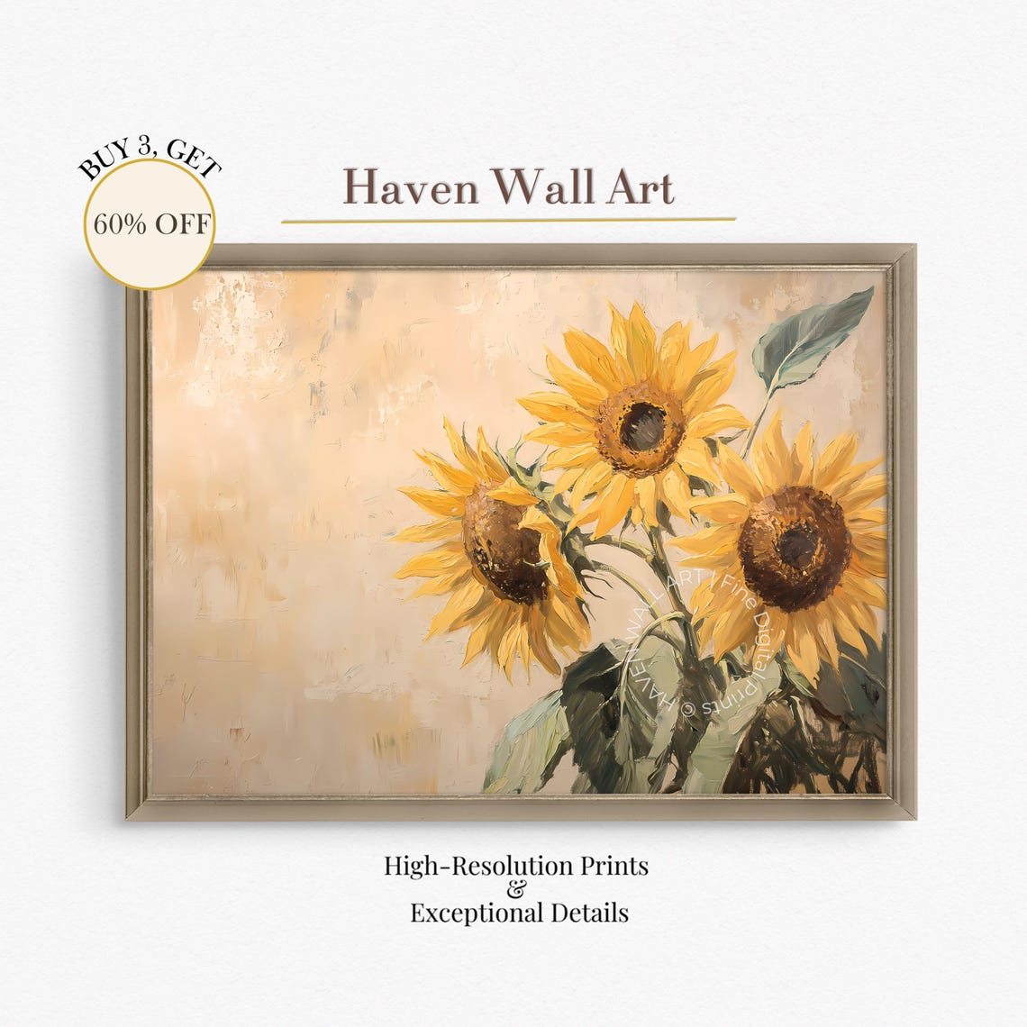 Sunflower Trio Rustic Beige Farmhouse Summer Botanical Art Poster