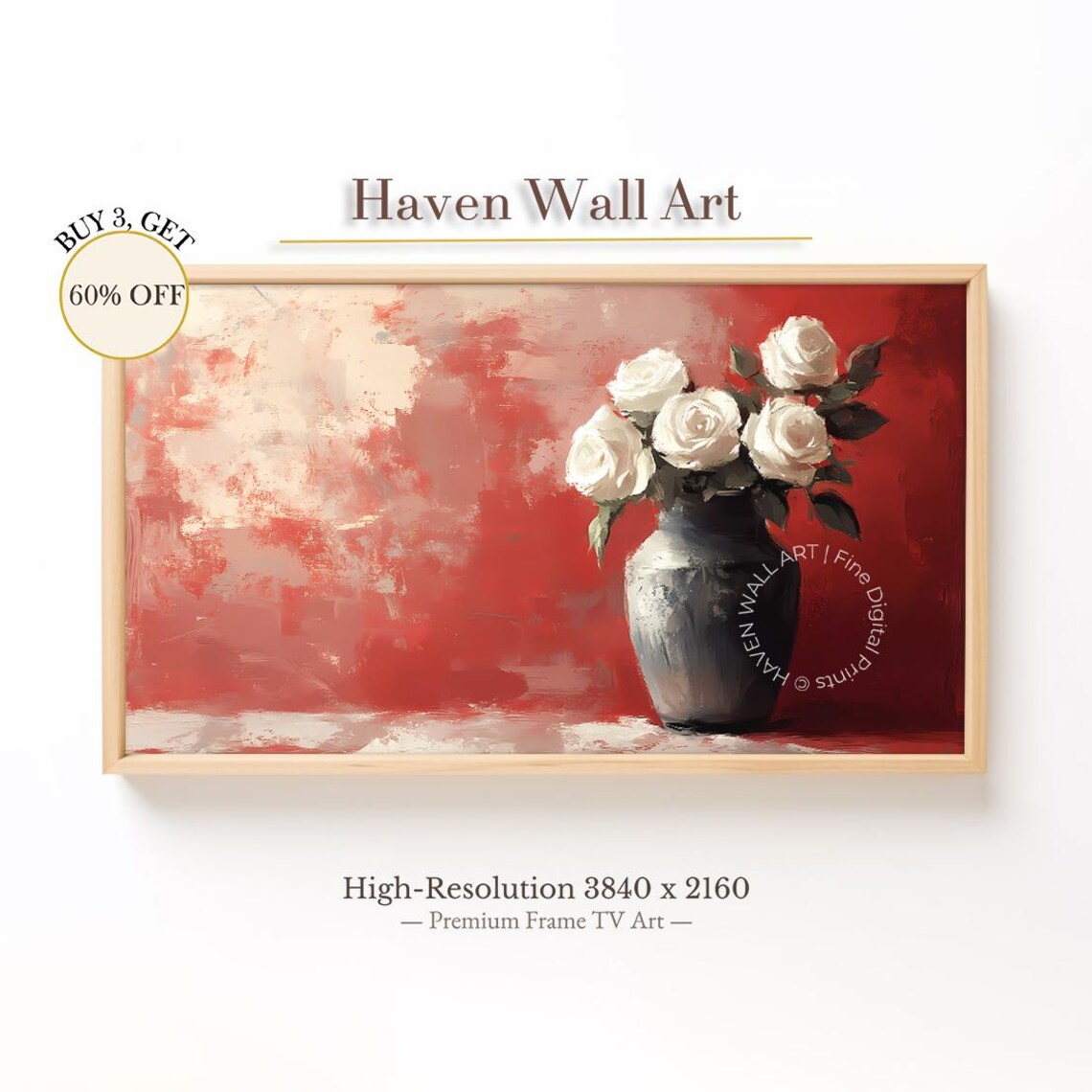 White Roses in Dark Vase Red Abstract Floral Oil Painting Poster