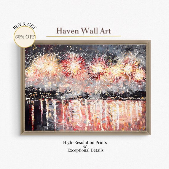 Fireworks Over Water Night Sky Impasto Oil Celebration Wall Art