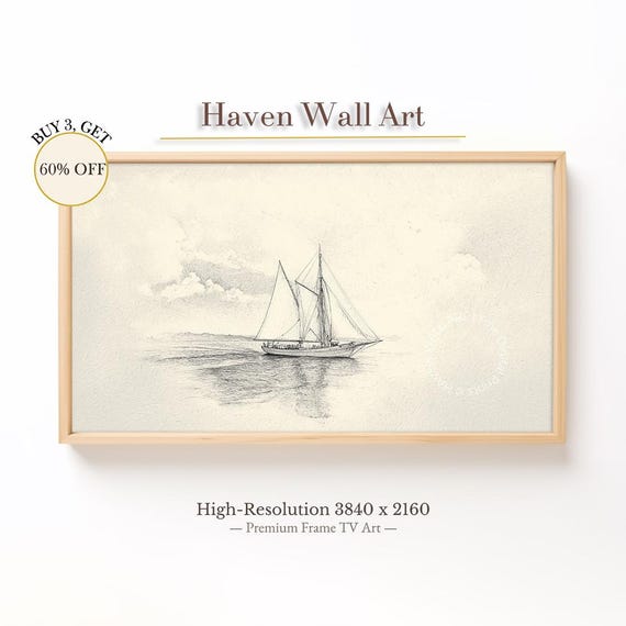Sailing Sketch On Calm Sea Vintage Minimalist Samsung Frame Tv Art Handdrawn Boat Illustration Tub125