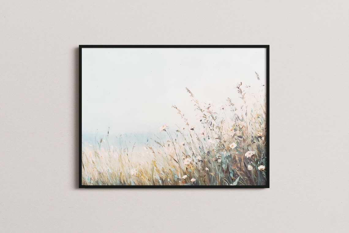 Misty Pastel Wildflower Meadow Dreamy Minimalist Landscape Wall Art