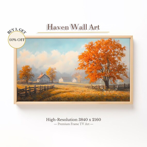 Rustic Autumn Farmhouse With Blazing Orange Tree Painting Poster