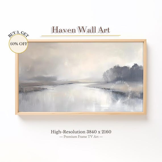 Minimalist River Landscape Frame Tv Art Winter Foggy Samsung Neutral Gray Toned Wall Tal033
