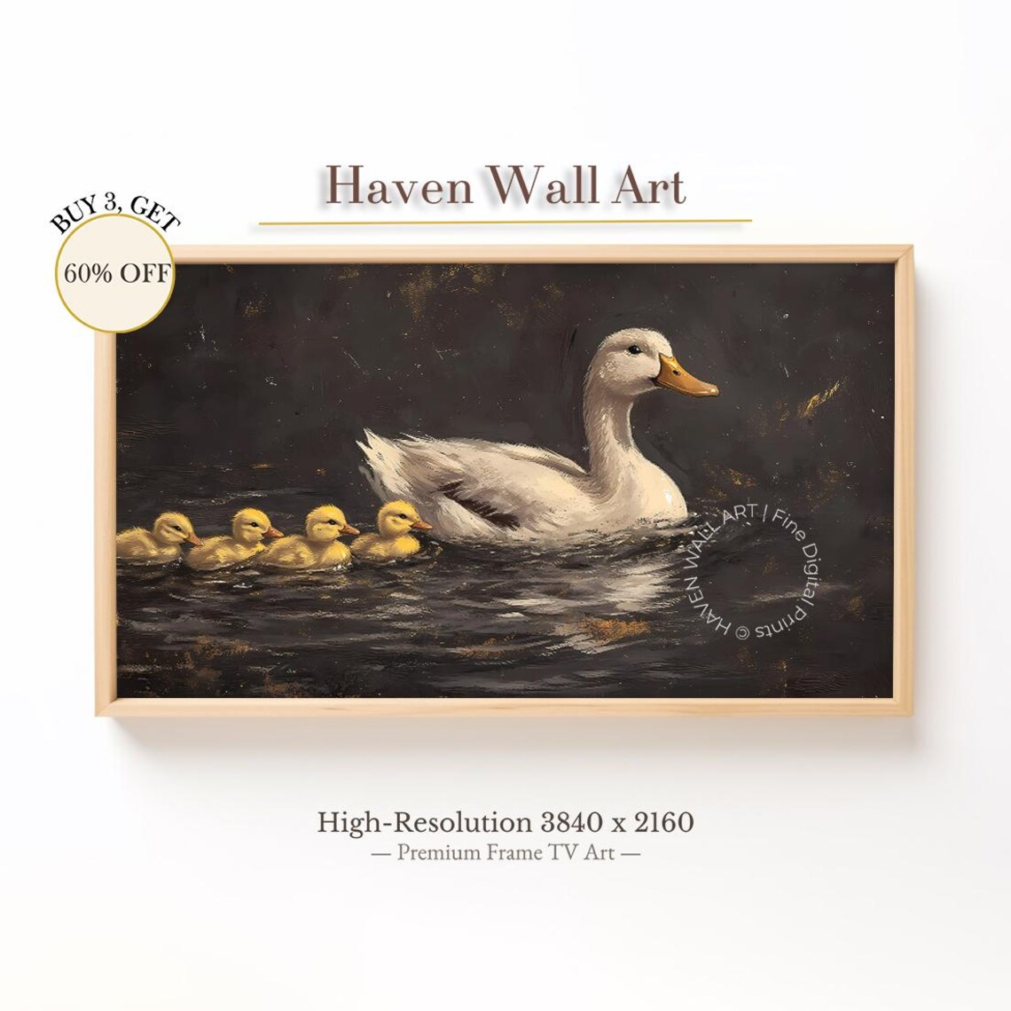 Mother Duck With Four Ducklings Swimming Dark Water Painting Poster