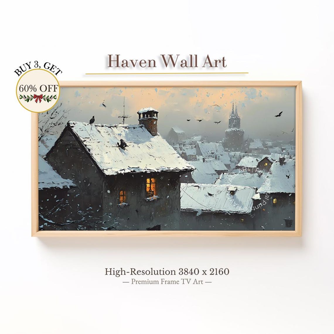 Snowy Rooftops Church Tower Crows Winter Dusk Painting Poster