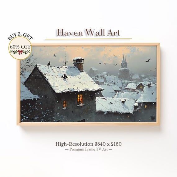 Snowy Rooftop Evening Winter Twilight In The Village Frame Tv Art Samsung Rustic Decor Twl075