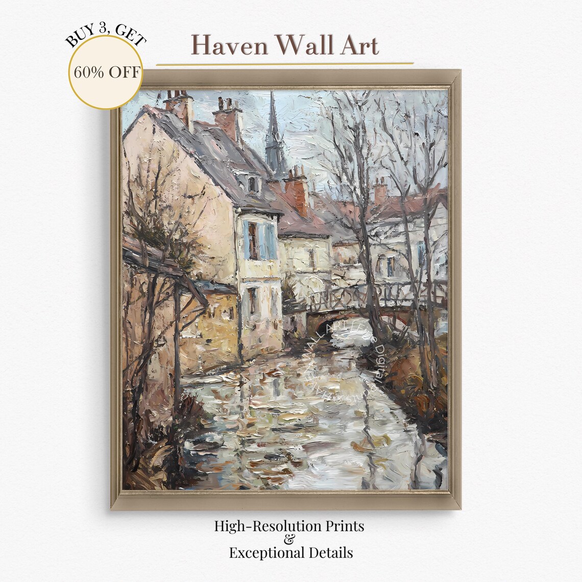 Vintage European Village River Church Steeple Bridge Oil Poster