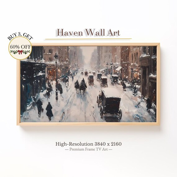 Busy Historic City Street In Snowfall Horse Carriages Winter Poster
