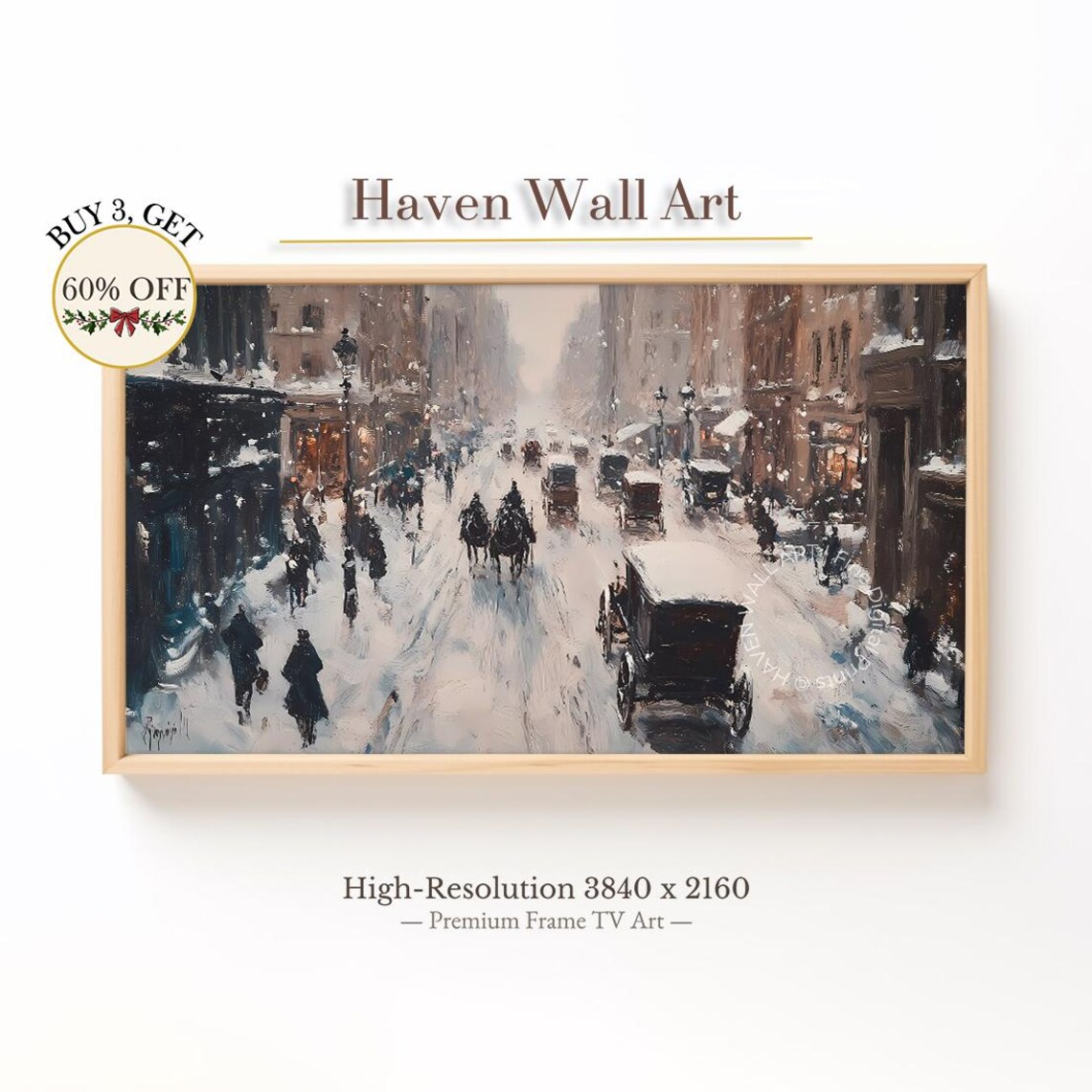 Busy Historic City Street In Snowfall Horse Carriages Winter Poster