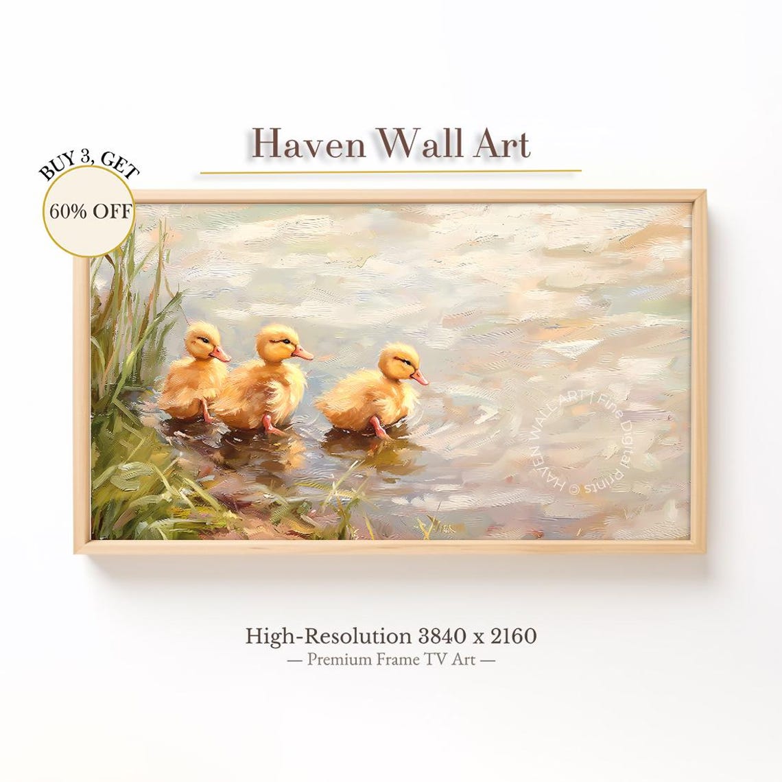 Three Yellow Ducklings Wading in a Pond Cute Animal Nursery Poster