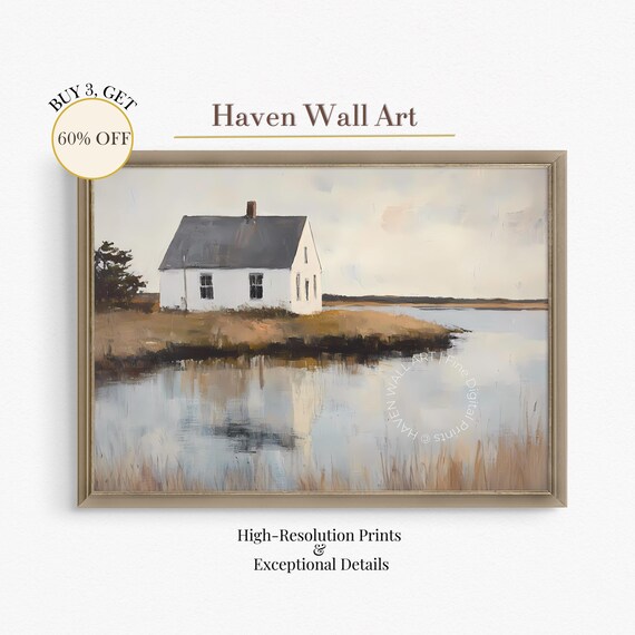 White Cottage by Water Marsh Reflections Rustic Lake House Poster