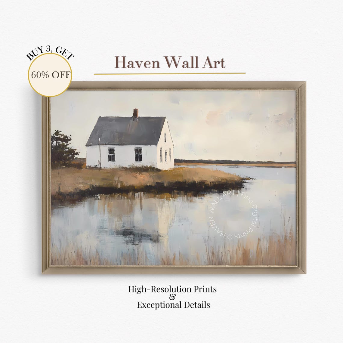 White Cottage by Water Marsh Reflections Rustic Lake House Poster