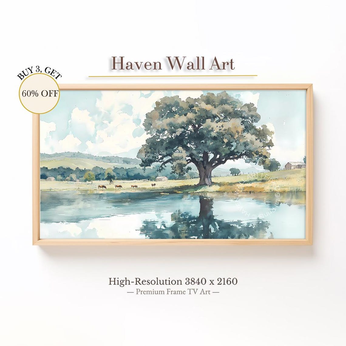 Grand Oak Tree by the Lake With Horses Watercolor Landscape Poster