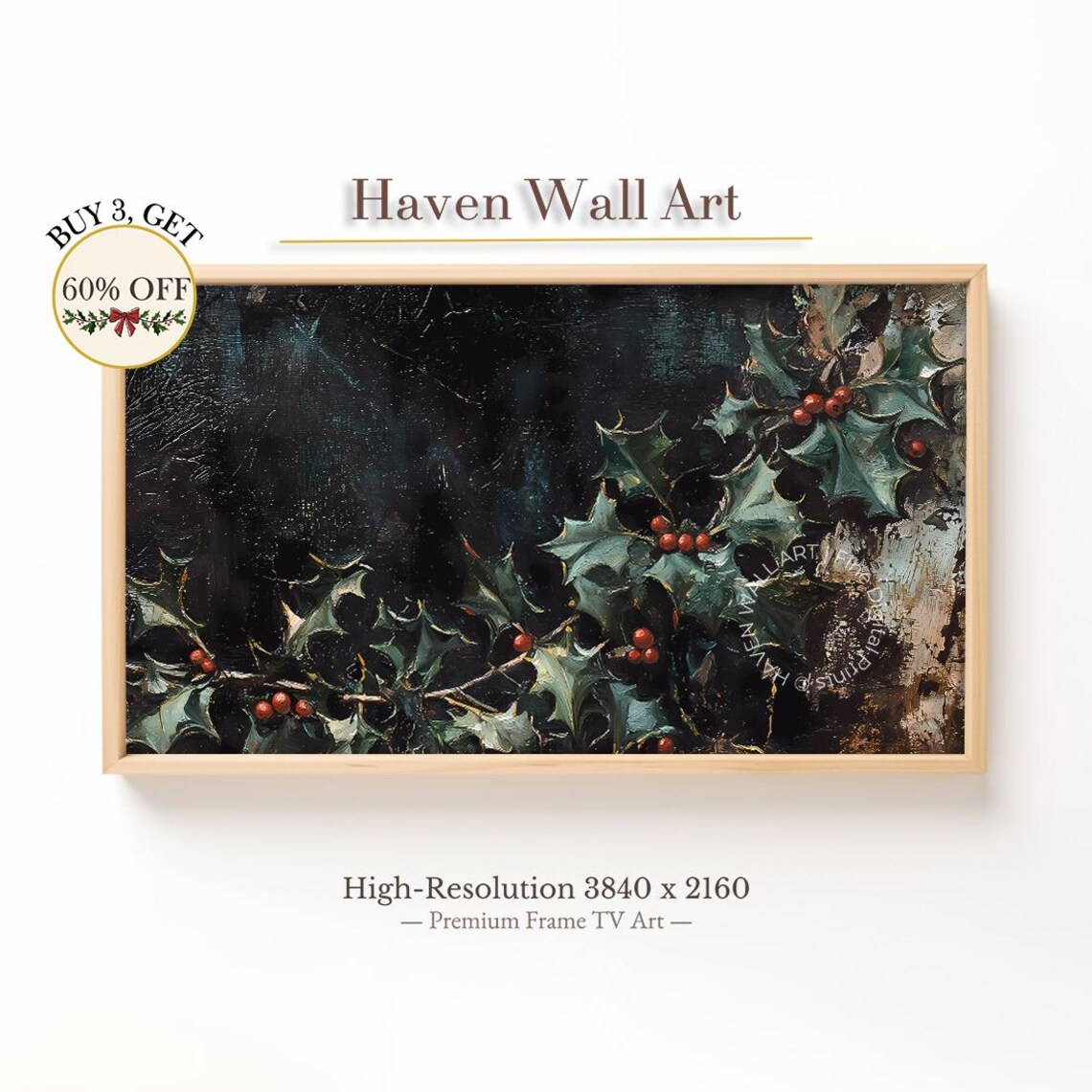 Dark Moody Holly Branches Red Berries Christmas Botanical Painting Poster