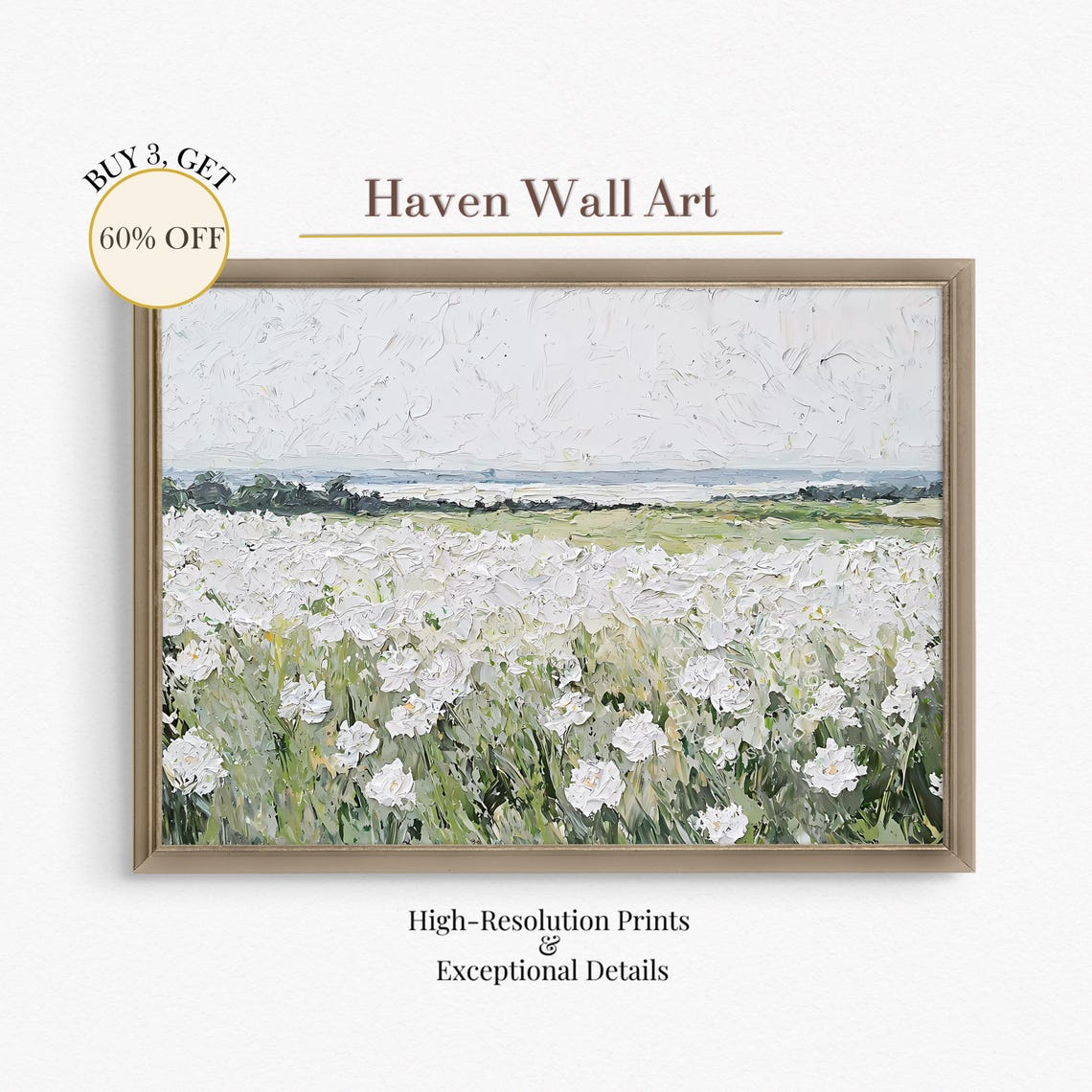 Vintage White Floral Meadow Neutral Spring Landscape Art Poster