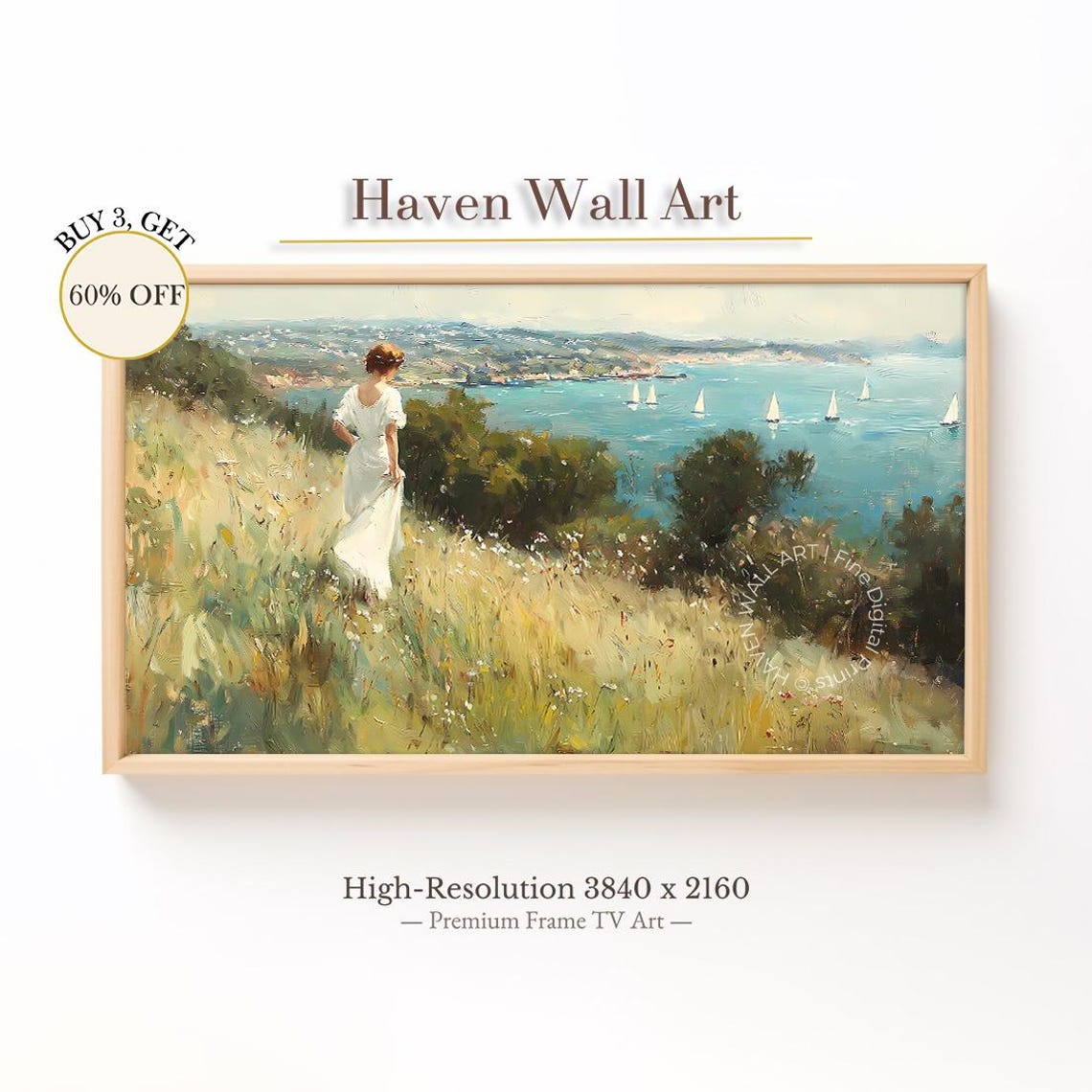 Woman Overlooking Bay Sailboats Summer Coastline View Art Poster