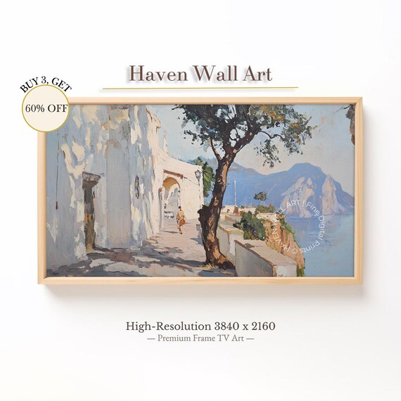 Mediterranean Coastal Village Sunlit Street Sea View Art Poster