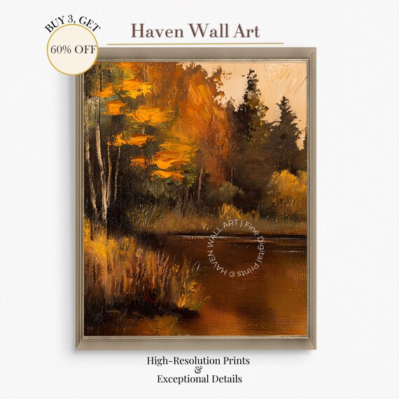 Autumn Forest Pond Oil Painting Golden Birch Trees Reflection Poster