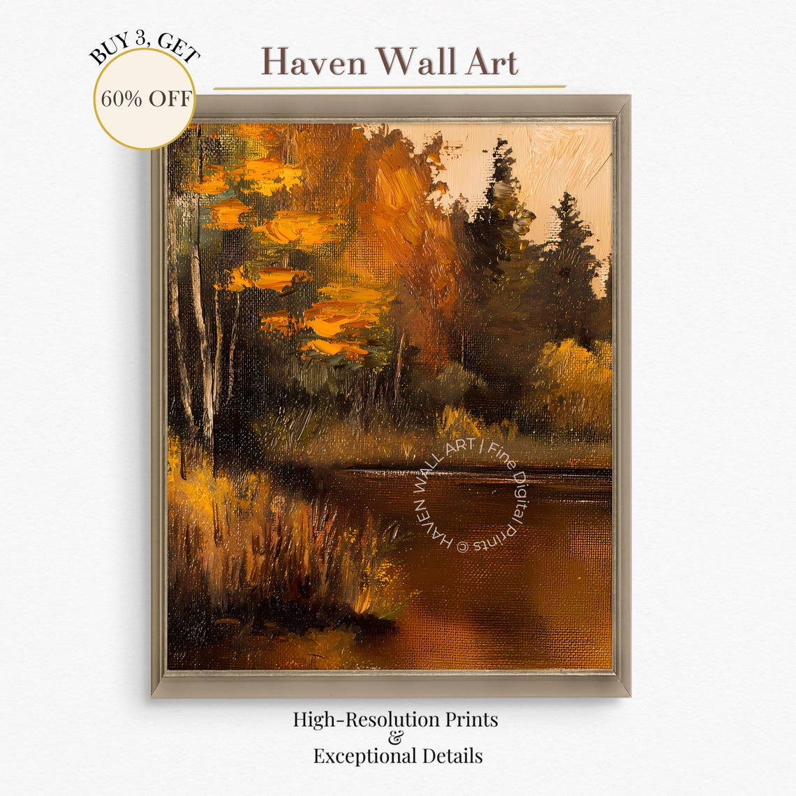 Autumn Forest Pond Oil Painting Golden Birch Trees Reflection Poster