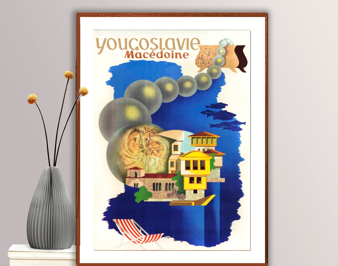 Yugoslavia Macedonia Balkan Lakeside Sunny Vintage Travel Poster
