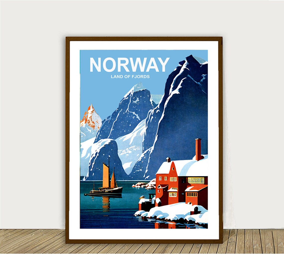 Norway Land Of Fjords Snowy Mountains Red Cabins Vintage Travel Poster - Image 2