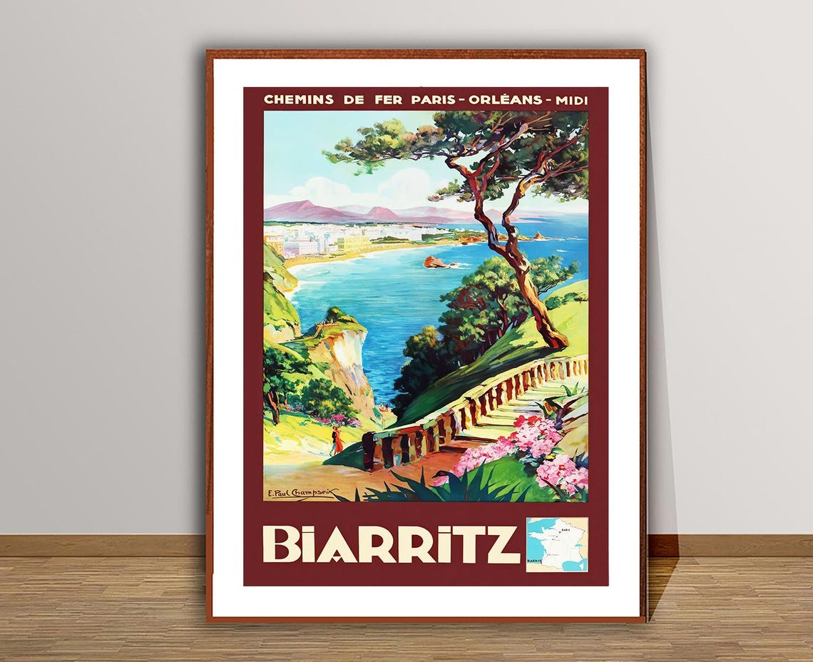 Biarritz France Vintage Railway Coastal Staircase Travel Poster - Image 2