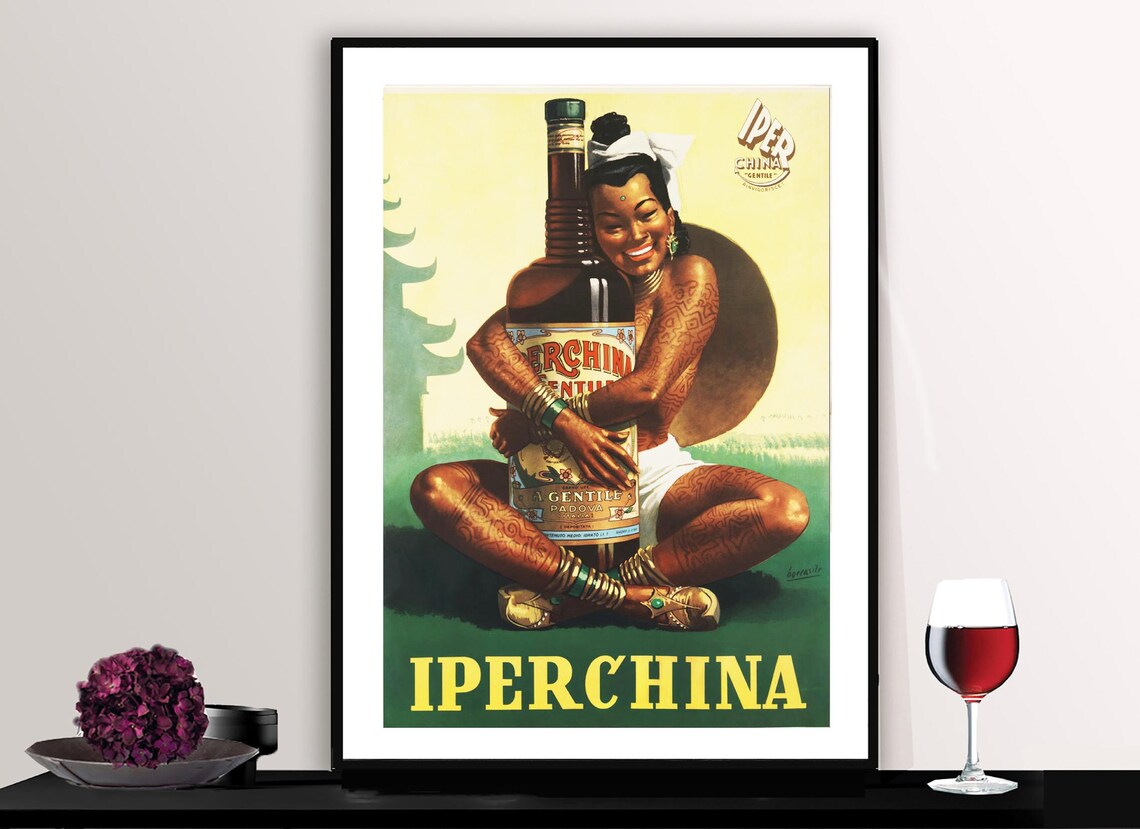 Iperchina Italian Liqueur Woman Hugging Bottle Vintage Ad Poster