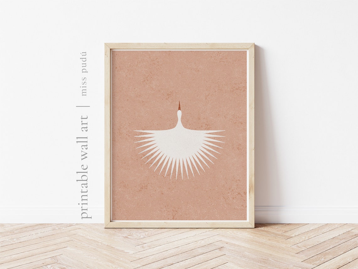 White Heron Flying Abstract Bird Terracotta Bohemian Art Print Decor