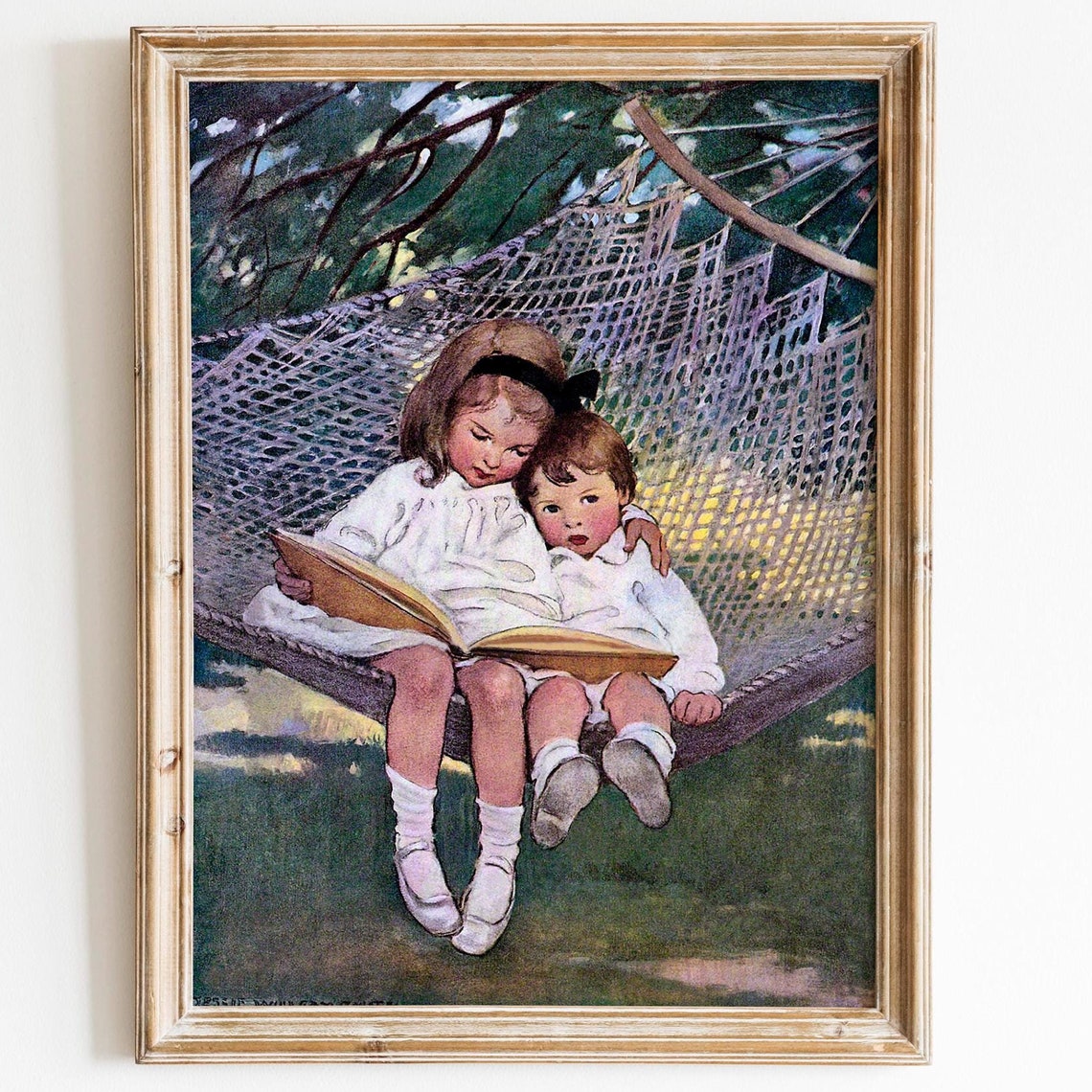 Two Children Reading In A Hammock Vintage Illustration Poster