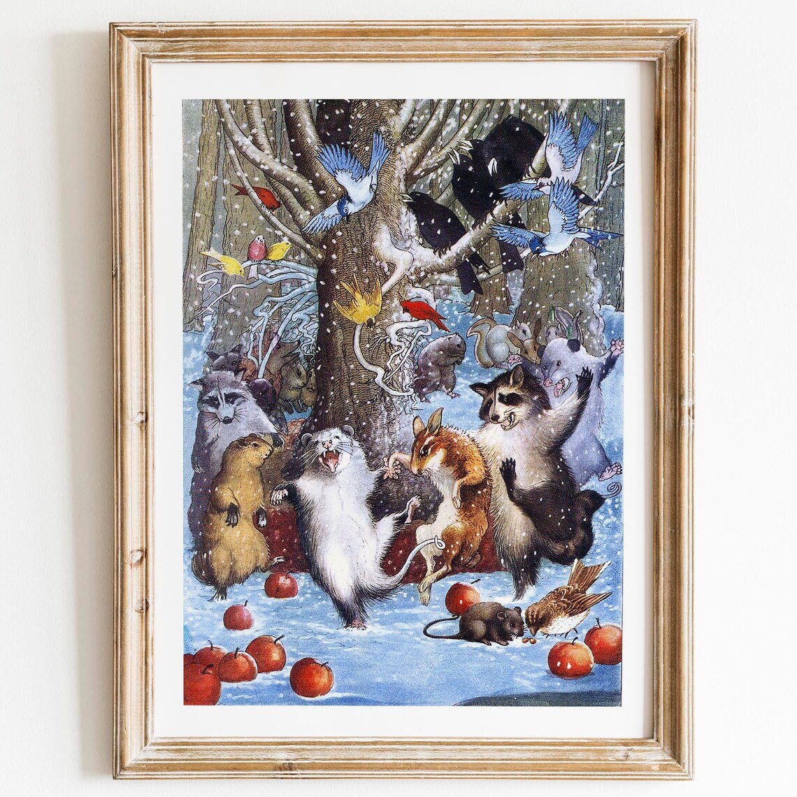Woodland Animals Dancing In Snow Winter Forest Vintage Storybook Print