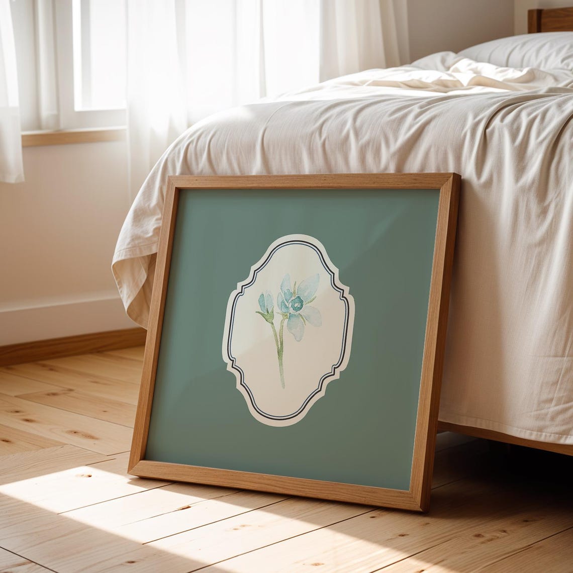 Sage Green Minimal Blue Flower Poster Watercolor Botanical Decor - Image 2