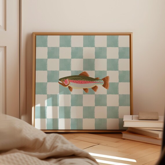 Rainbow Trout Teal Checkered Background Square Fish Decor Poster