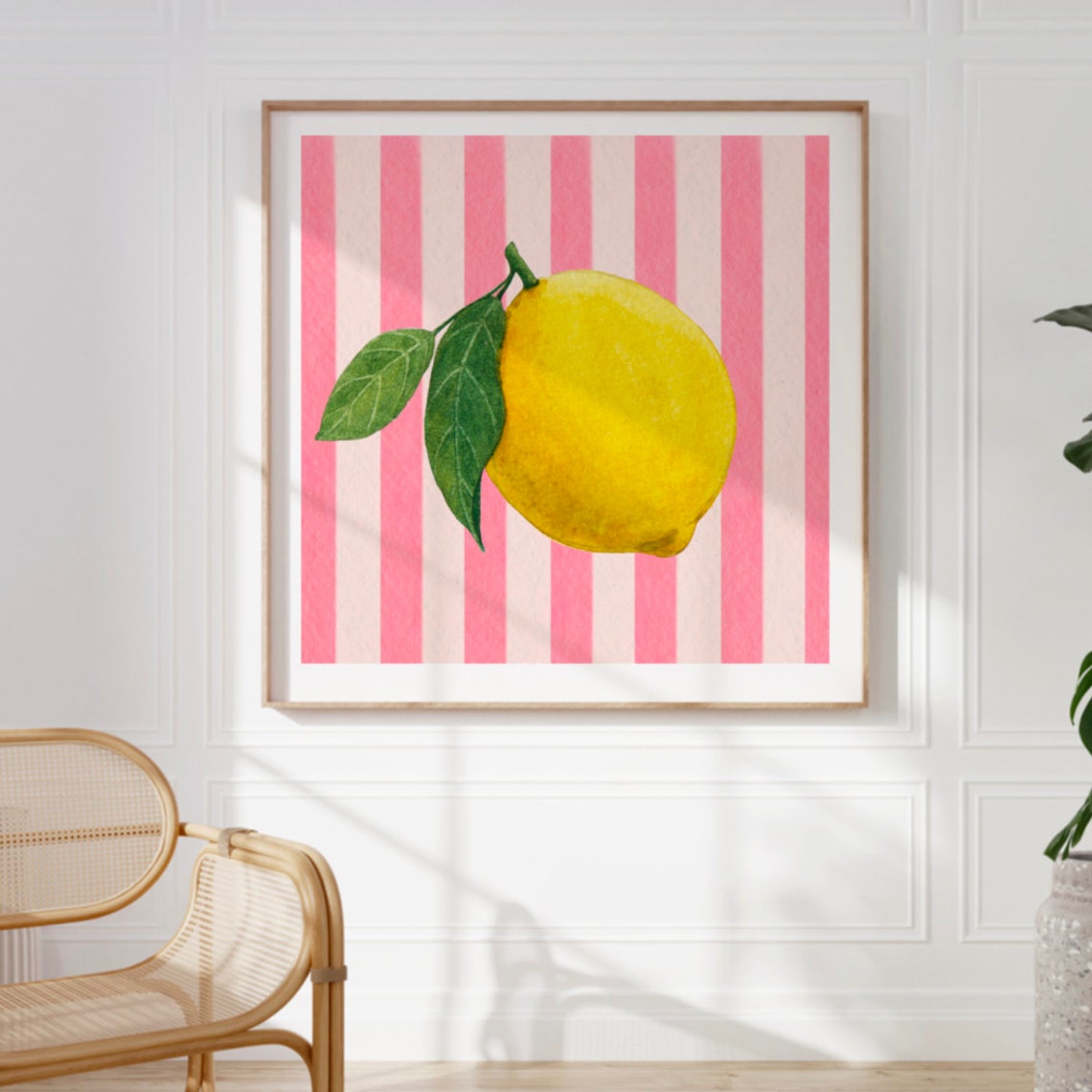 Fresh Watercolor Lemon on Pink and White Stripes Square Art Print - Image 2