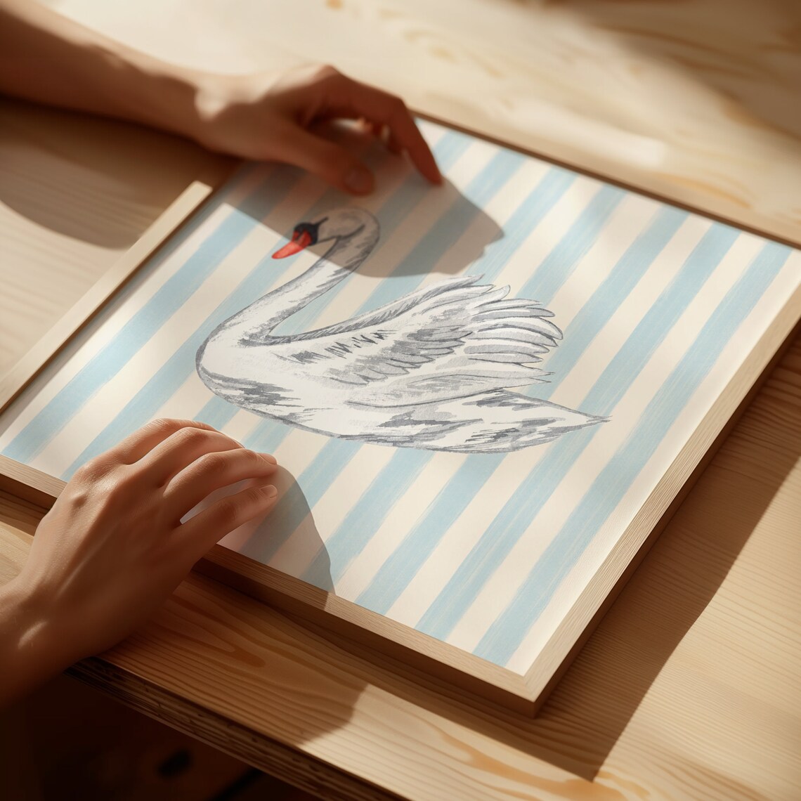 White Swan Watercolor on Blue Striped Background Square Poster - Image 2