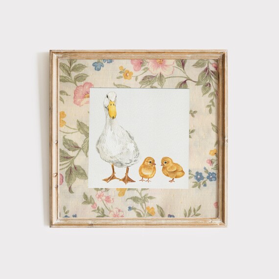 Mother Duck With Two Yellow Ducklings Floral Fabric Border Poster