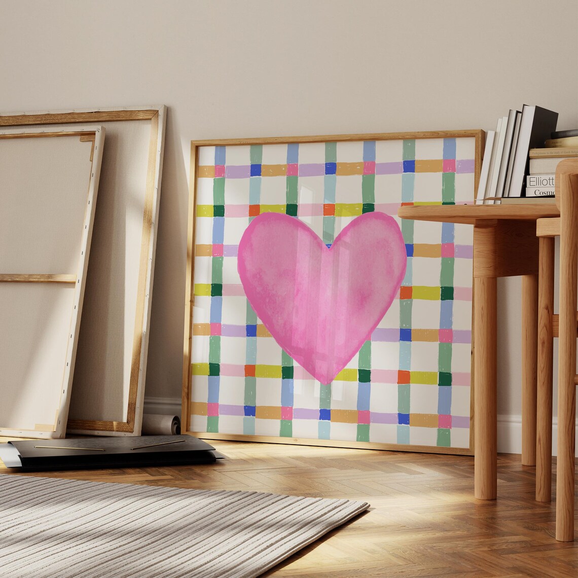 Big Pink Watercolor Heart Colorful Check Plaid Kids Room Wall Art - Image 2